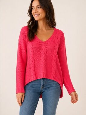 H&M Hot Pink Cable Knit V-Neck High-Low Sweater Size Small